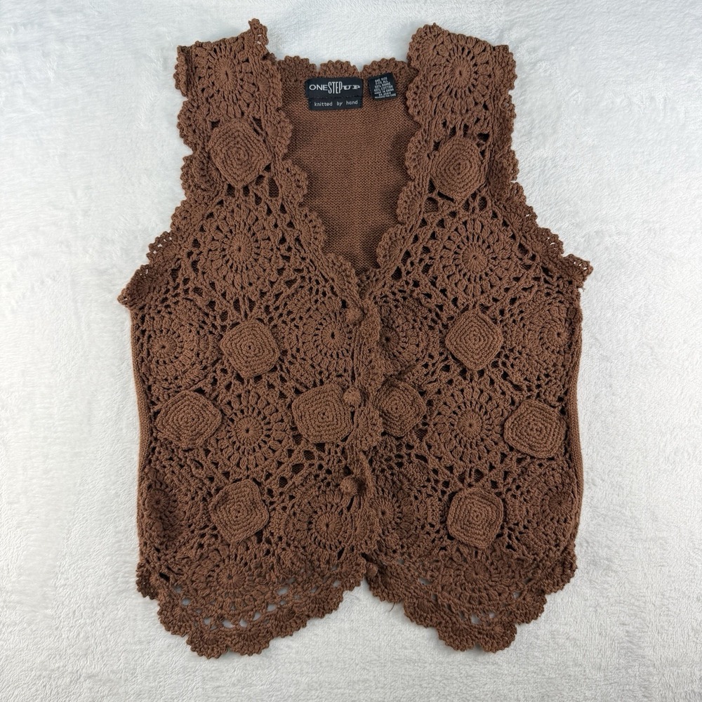 Vintage Hand Knitted OS Crochet Vest Boho‎ Cottage 90s Y2K Brown Earthy Hippie - Picture 3 of 10